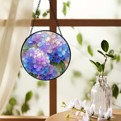 Hydrangea Decor, Spring Hydrangea Flower Suncatchers Stained Glass Window Hanging, Flower Sun Catchers Indoor Window Glass Round Wall Decor, Floral Wall Hanging Decorations, 7.9x7.9in