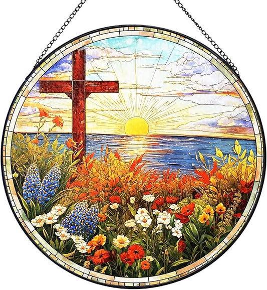 Cardinal Gifts,Cardinal Suncatcher,Christ Cross Ornament, Flower Stained Glass Window Hanging Sun Catcher Window Decor Christian Gifts Religious Decor Religious Gifts Gift for Christmas 7.87"