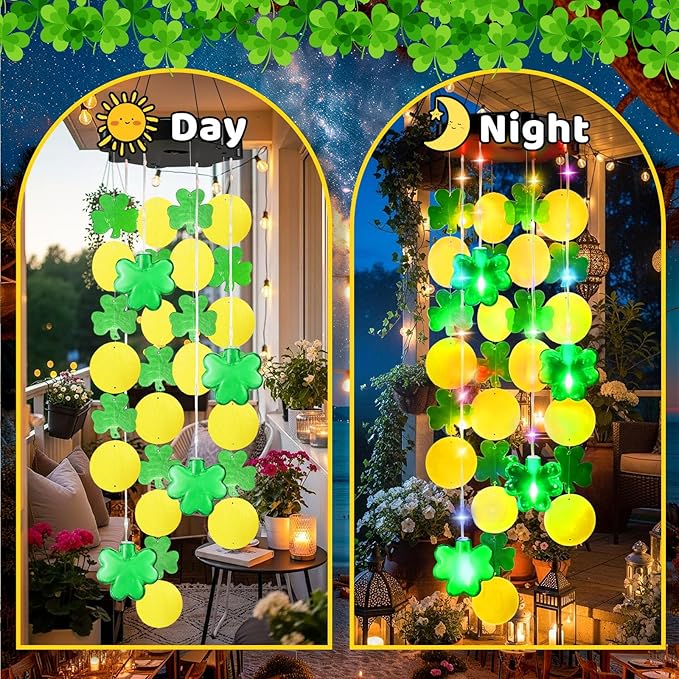 Shamrock Shell Solar Wind Chimes Outdoor with Shamrock Clover Design 27.5 Inch LED Shell Gradient Lights Hanging Decor for Garden, Yard, Patio, Porch
