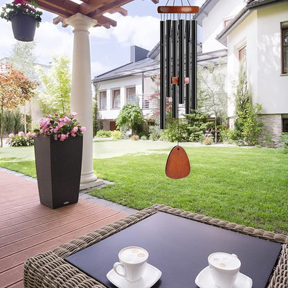 Wind Chimes for Outside Large Outdoor - Memorial Wind Chime Large Deep Tone, Wooden Black Aluminum Chime with 6 Tuned Tubes, Great as a Gift for Home Decor, Patio, Garden and Backyard
