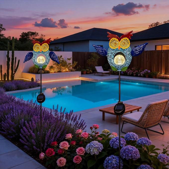 Go2garden Solar Owl Garden Gifts Lights Outdoor, 3D Waterproof Colorful Yard Art Decor with Stakes for Pathway Sidewalk Ornaments, Birthday Garden Gifts for Mom Women(1Pack)