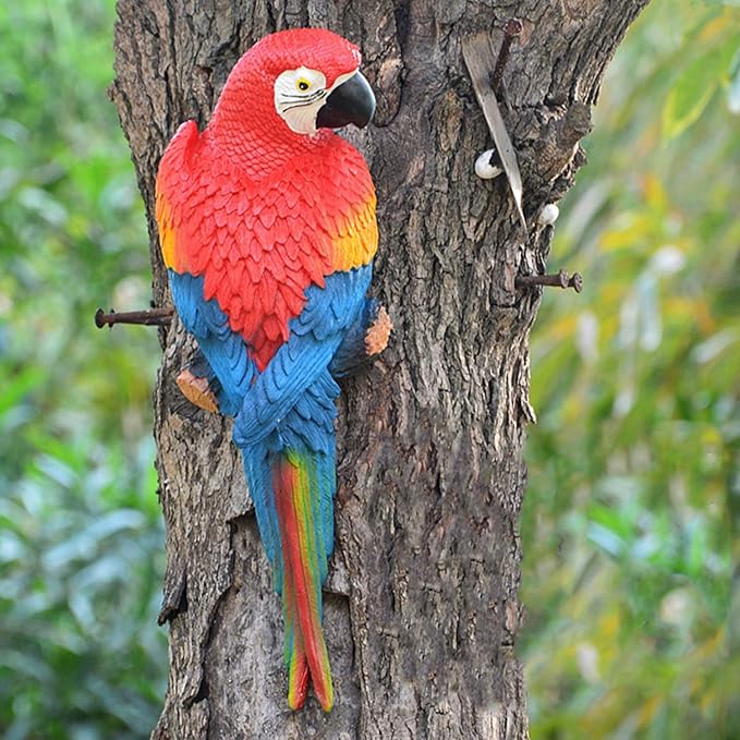 Parrot Decor Tiki Decorations for Outside Patio, Large Realistic Parrot Statues for Pool Deck Garden Yard Lawn, Lifelike Bird Sculpture Tropical Animal Figurines for Tree Wall Decor(Red)
