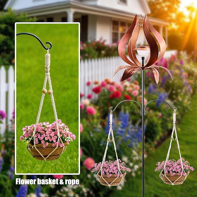 Multi-Functional Yard Wind Spinners with Solar Lights Outdoor Garden,YNGFIL Large Ornaments Outdoor with Double Shepherds Hooks and Coconut Fiber Liner Hanging Planters (83 in)