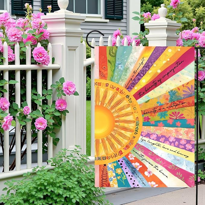 Summer Sun Garden Flag Colorful Boho Sunshine Yard Flags Inspirational Artistic Outdoor Decor for Front Yard Lawn Patio Porch Bright Floral Seasonal House Banner Double Sided 12x18 Inch