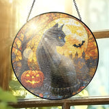 FLAGWIX Halloween Decorations Indoor - Stained Glass Window Hanging 8 inch - Black Cat Gifts for Women Men, Witchy Gifts for Cat Lovers, Sun Catchers, Fall Decor Home