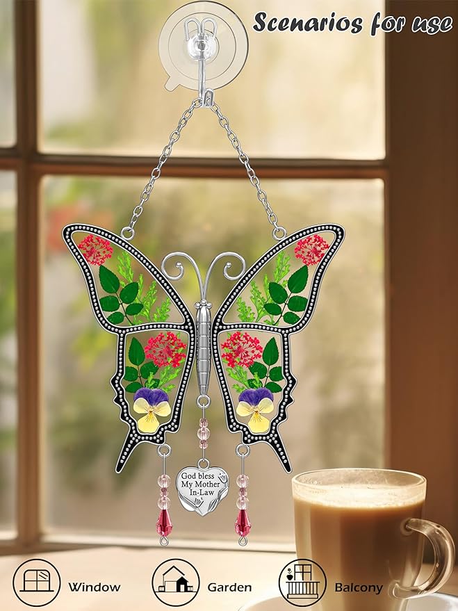 KY&BOSAM Butterfly Suncatcher Mother-in-Law Stained Glass for Window Hanging Wind Chime with Pressed Flower Wings Embedded in Glass with Metal Heart Charm Gift for Mother Day Valentine`s Day Birthday