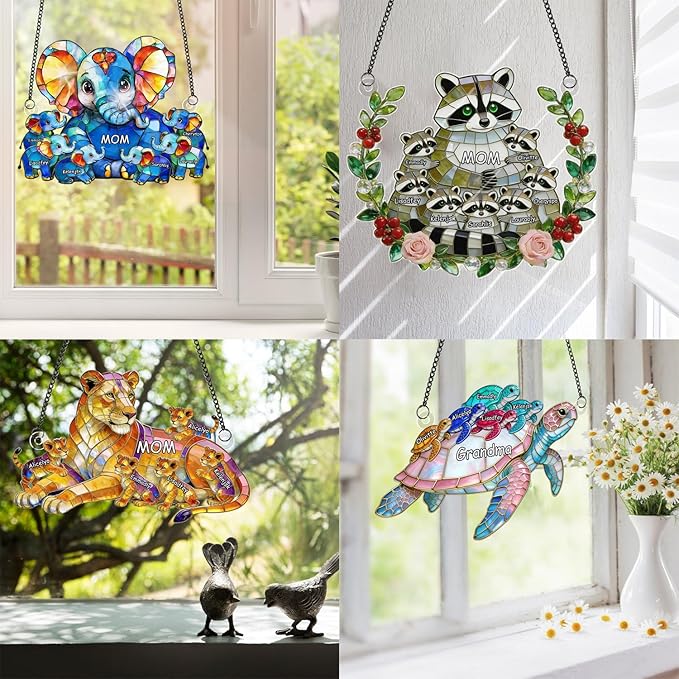 Personalized Grandma's Little Turtles Stained Glass Suncatchers, Custom Name Birth Month Flowers Acrylic Window Hanging Ornament, Mothers Day Christmas Birthday Gifts for Grandma Mom (Style 08)