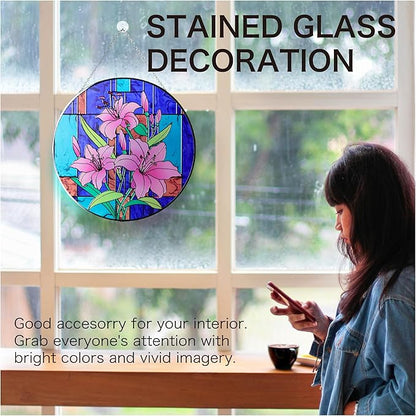 Hanway Suncatcher in Colorful Stained Glass 12" Dia - Genuine Brightly Colored Glass, Protective Metal Edge, Ready to Use Hanging Chain, for Window, Garden (Lily)