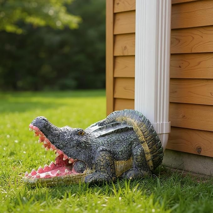 Funny Crocodile Statue Gutter Downspout Extensions, Rain Gutter Downspout Splash Block Cover Sculpture Decorative, 3" × 4" Downspouts