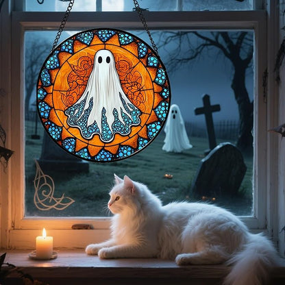 Stained Glass Window Hanging - Halloween Decorations White Ghost Suncatcher for Doors Garden Indoor Spooky Funny Blue Sun Catchers Gothic Decor Horror Gifts for Women Men Friend 11.8 in