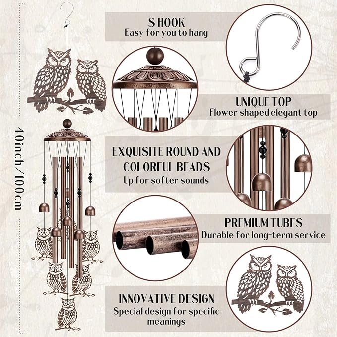 Wind Chimes for Outside - Owl Gifts for Women Mom Grandma Metal Windchimes with Greeting Card Indoor Outdoor Art Decor Garden Patio Lawn Hanging Decoration Christmas New Year Birthday Gift
