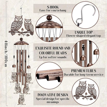 Wind Chimes for Outside - Owl Gifts for Women Mom Grandma Metal Windchimes with Greeting Card Indoor Outdoor Art Decor Garden Patio Lawn Hanging Decoration Christmas New Year Birthday Gift