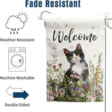 Spring Cat Garden Flag Floral Tuxedo Cat Garden Flags for Outside Summer Flower Outdoor Flag Small Farmhouse Welcome Yard Flag 12x18 Double Sided