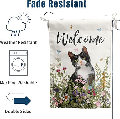 Spring Cat Garden Flag Floral Tuxedo Cat Garden Flags for Outside Summer Flower Outdoor Flag Small Farmhouse Welcome Yard Flag 12x18 Double Sided