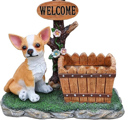 20" Solar Chihuahua Garden Statue with Welcome Sign & Planter - Large Dog Sculpture with LED Street Lantern - Weatherproof Resin Decorative Flower Pot for Porch, Yard & Patio - Pet Lover Gift