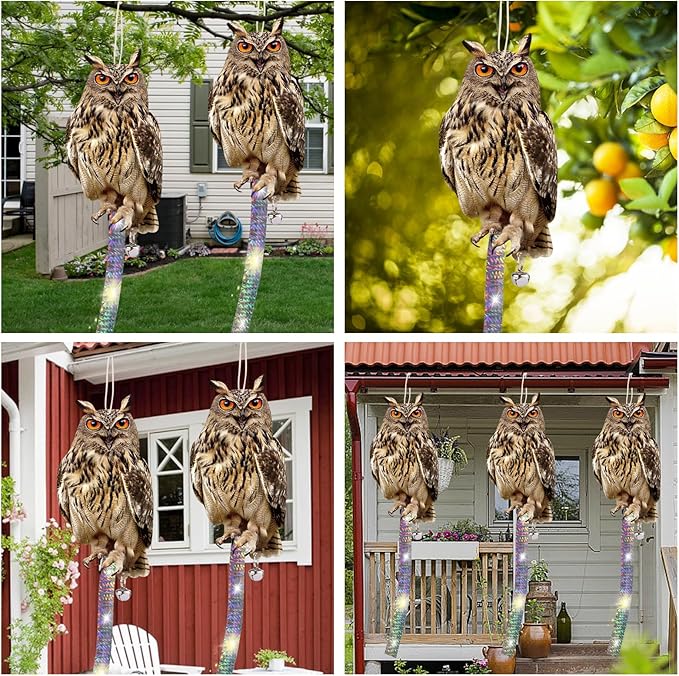 Hanging Plastic Owls for Gardens, 4PCS Reflective Hanging Owl Decoration Woodpecker Control Device with Reflective Tape, Jinging Bell for Garden Patio Windows