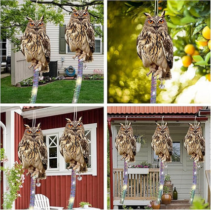 Hanging Plastic Owls for Gardens, 4PCS Reflective Hanging Owl Decoration Woodpecker Control Device with Reflective Tape, Jinging Bell for Garden Patio Windows
