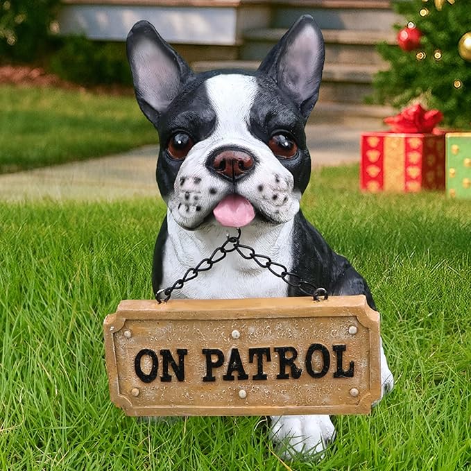 Adorable Black & White French Bulldog Sculpture with Solar Lantern & Double-Sided 'On Patrol' and 'Welcome' Signposts – Fun Outdoor Resin Statue for Garden, Yard, and Patio Décor