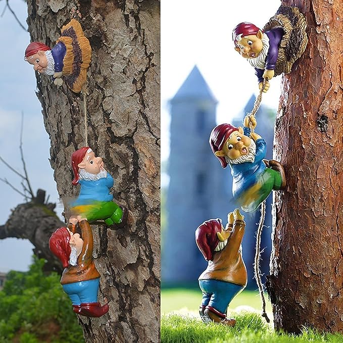 Teaeeno Garden Gnome Statue Set,Gnome Climbing Tree and Tree Stump Decor,Vivid Fairy Gnome Outdoor Sculpture,Whimsical Gnomes Miniature Figurines,Micro Gnome Landscape Figurine for Lawn Balcony Patio