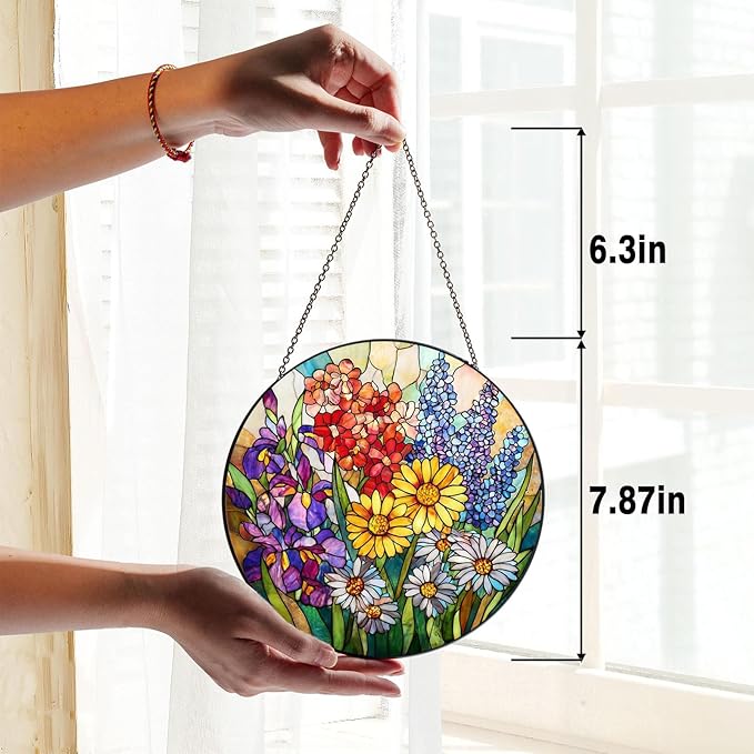 Stained Glass Window Hanging Sun Catcher 7.8 in, Colorful Wildflowers Glass Panel Suncatcher Indoor Window Decor Gift for Women, Men, Wife, and Mom