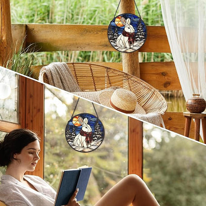 Winter Christmas Bunny Suncatcher Stained Glass Window Hanging Decorstions, Nature Landscape Stained Glass Wall Decor, Winter Solstice Gifts, Forest Garden Lawn Sun Catchers Art, 7.9x7.9Inch