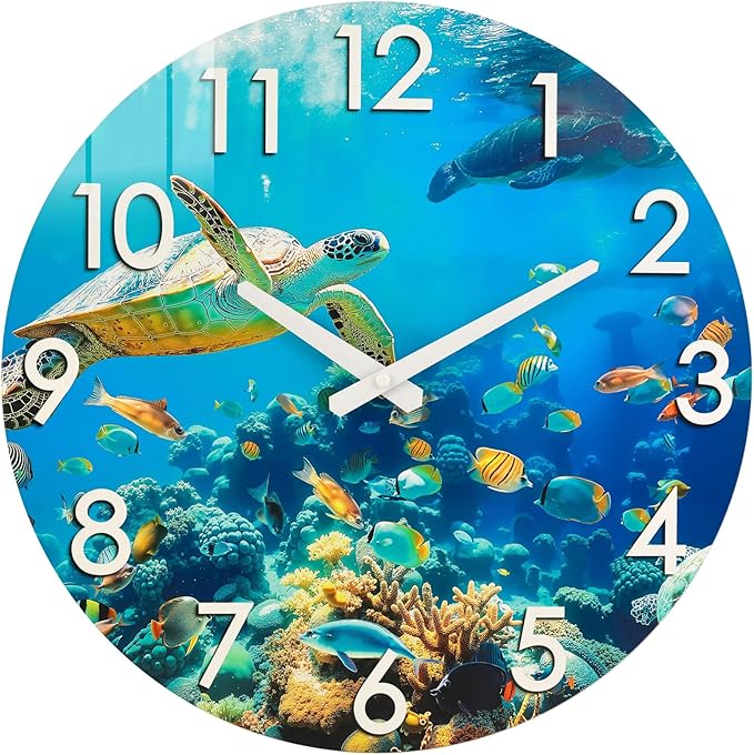 Crosstime 16 Inch Large Outdoor Wall Clock Waterproof - Sea Turtle & Coral Reef Ocean Life Theme, Tempered Glass Face - Silent Coastal Decor Clock for Outside Patio, Poolside, Garden, Beach House