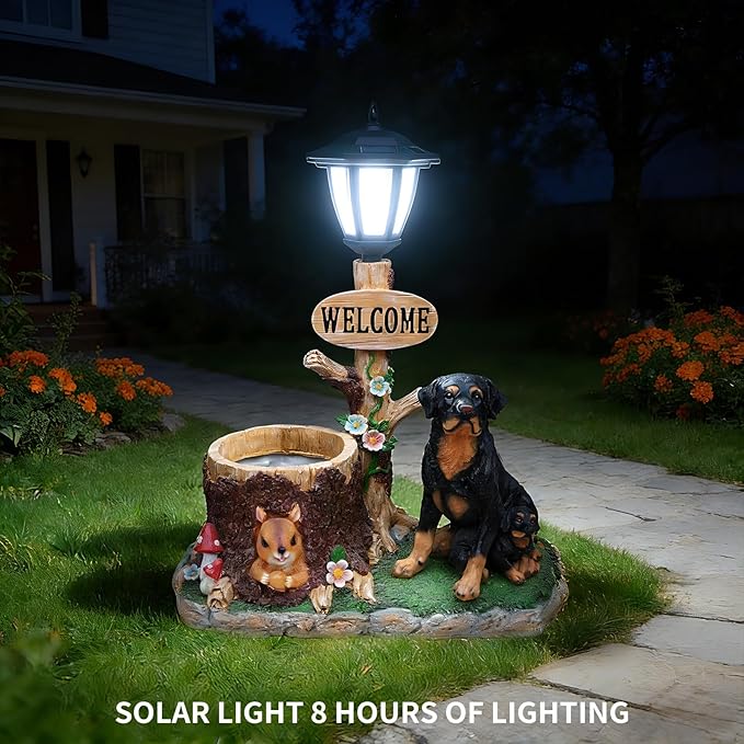 20" Solar rottweiler Garden Statue with Welcome Sign & Planter - Large Dog Sculpture with LED Street Lantern - Weatherproof Resin Decorative Flower Pot for Porch, Yard & Patio - Pet Lover Gift