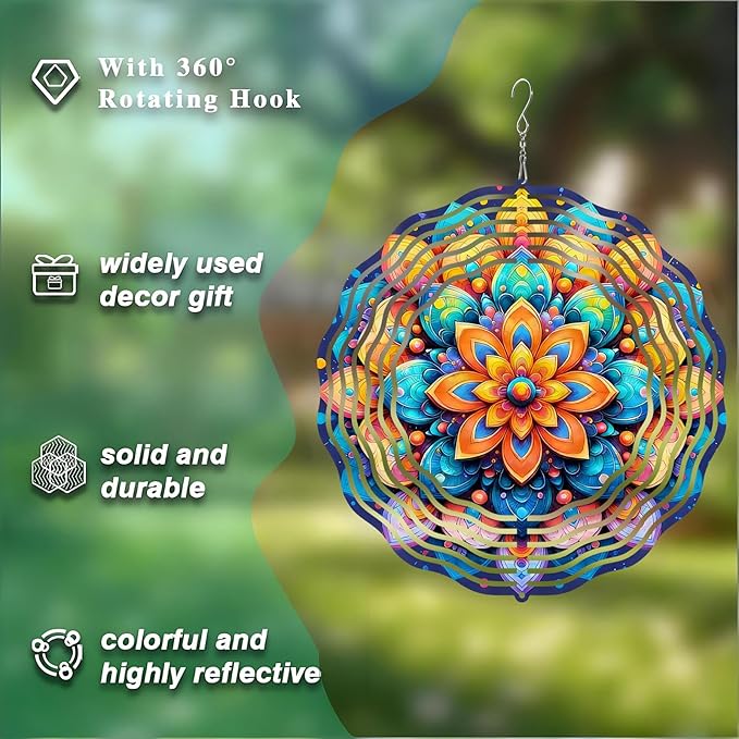 10 Inch Multicolor Mandala Wind Spinner, 3D Metal Hanging Kinetic Wind Rustproof Sculpture Gift for Garden Yard Balcony Window Porch Outdoor Decor, Women Mom Mothers Day