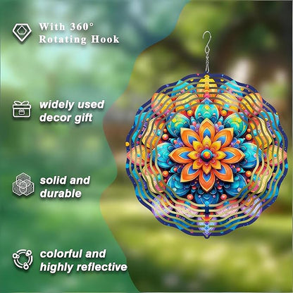 10 Inch Multicolor Mandala Wind Spinner, 3D Metal Hanging Kinetic Wind Rustproof Sculpture Gift for Garden Yard Balcony Window Porch Outdoor Decor, Women Mom Mothers Day