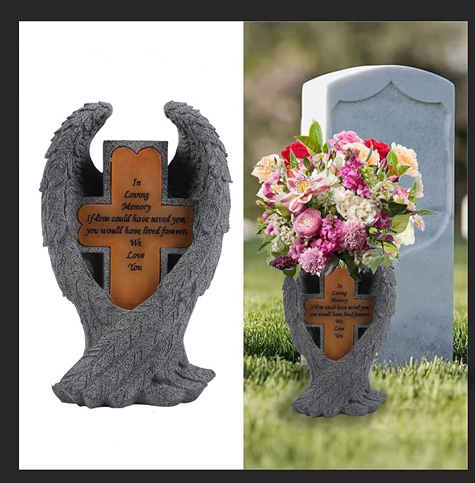 Grave Decorations for Cemetery，Heaven Angel Wing Cross, Graveyard Decoration, Vase with Solar LED Lamp, Resin Decorated Bereavement Statue, Gift in Memory of Relatives (Gray)