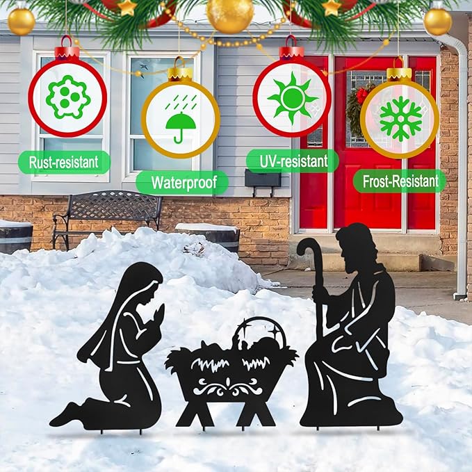Nativity Silhouette Outdoor,Black Silhouette Nativity Scene for Yard Stake,Set of 3 Christmas Ornaments for Outside