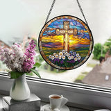 DASTOLL Christian Gifts for Women - Cross Stained Glass Window Hanging Jesus Easter Daisy Grassland Sunset Sun Catcher Garden Religion Decor Mother's Day Catholic Gift for Men Grandma Nana Her 11.8"