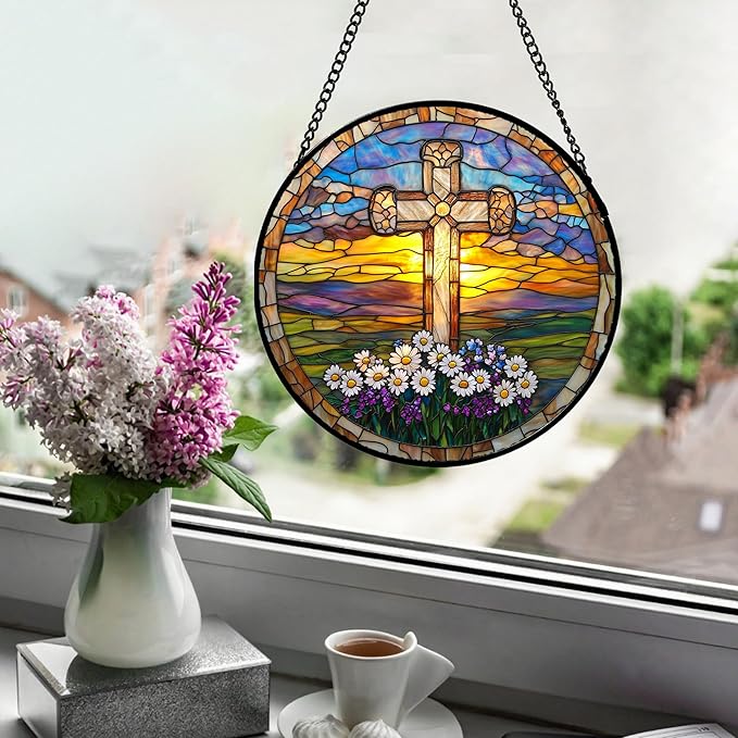 DASTOLL Christian Gifts for Women - Cross Stained Glass Window Hanging Jesus Easter Daisy Grassland Sunset Sun Catcher Garden Religion Decor Mother's Day Catholic Gift for Men Grandma Nana Her 7.8"