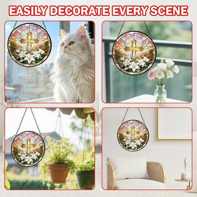 Cross Stained Glass Window Hanging, Flower Suncatcher Diamond Glass Panel Hangings, Sun Catchers Indoor Windows Wall Art Decor, Pastor Christian Gift, for Home Office 7.87 inches
