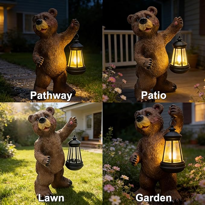 Solar Lantern Garden Statues Decor, 14" Large Outdoor Bear Figurine Lights for Yard Patio Decoration - Unique Christmas Housewarming Gifts for Grandma Wowen Mom Brown