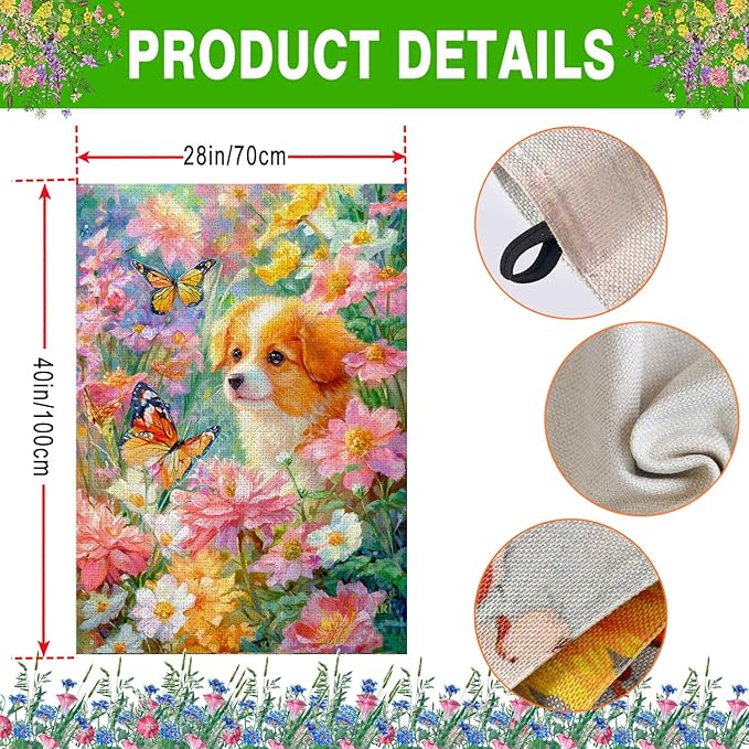Spring Summer Welcome House Flag 28x40 Inch Double Sided Dog Floral Butterfly Burlap Large Yard Flag Seasonal Farmhouse Outside Outdoor Decoration