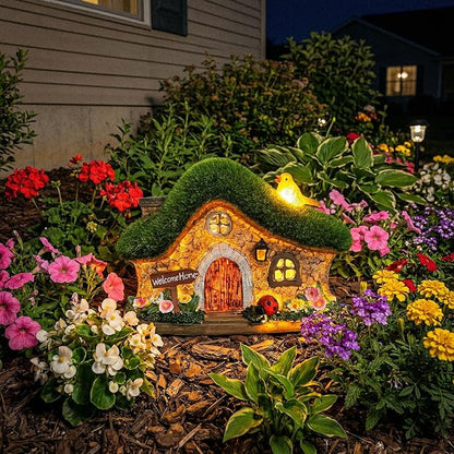 Resin Fairy House Statues with Solar Lights Outdoor for Garden Decor Funny Birds Ladybird Flocked Fairy House with Garden Figurine Patio Yard Lawn Decorations Gift for Mom Women (Green)