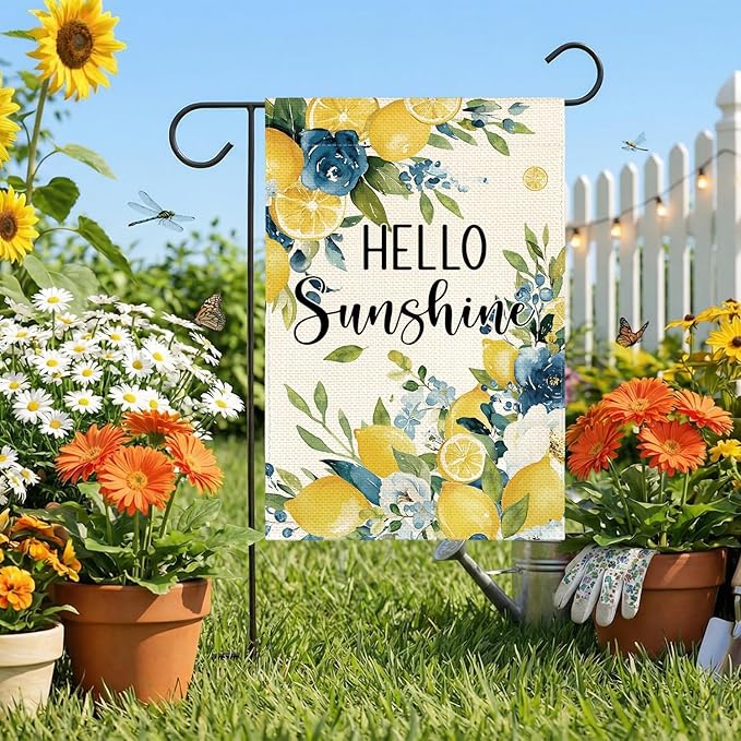 AVOIN colorlife Summer Lemon Floral Garden Flag 12x18 Inch Double Sided Outside, Hello Sunshine Seasonal Yard Outdoor Flag