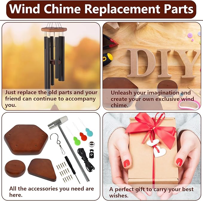 Wind Chime Kit 28 PCS Wind Chime Replacement Parts Including Hexagon Top, Clapper, Wind Catcher, 19.6FT Nylon Cord, DIY Wood Windchime Supplies (Brown)
