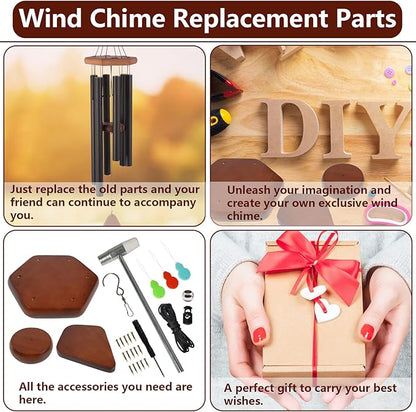 Wind Chime Kit 28 PCS Wind Chime Replacement Parts Including Hexagon Top, Clapper, Wind Catcher, 19.6FT Nylon Cord, DIY Wood Windchime Supplies (Brown)