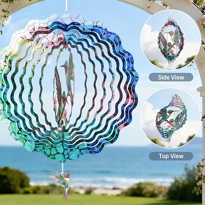 Hummingbird Wind Spinner for Easter Day Gift,Laser-Cut 12 Inch Stainless Steel Outdoor Garden Spring Decor, 3D Kinetic Window Hanging Sculpture Yard Art for Patio Women, Mom & Dad