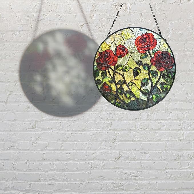 Rose Floral Stained Glass Sun Catcher Window Hanging,Handmade Suncatcher Window Art for Home Decor and Garden,Romantic Gift for Her, Wife or Mom