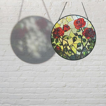 Rose Floral Stained Glass Sun Catcher Window Hanging,Handmade Suncatcher Window Art for Home Decor and Garden,Romantic Gift for Her, Wife or Mom