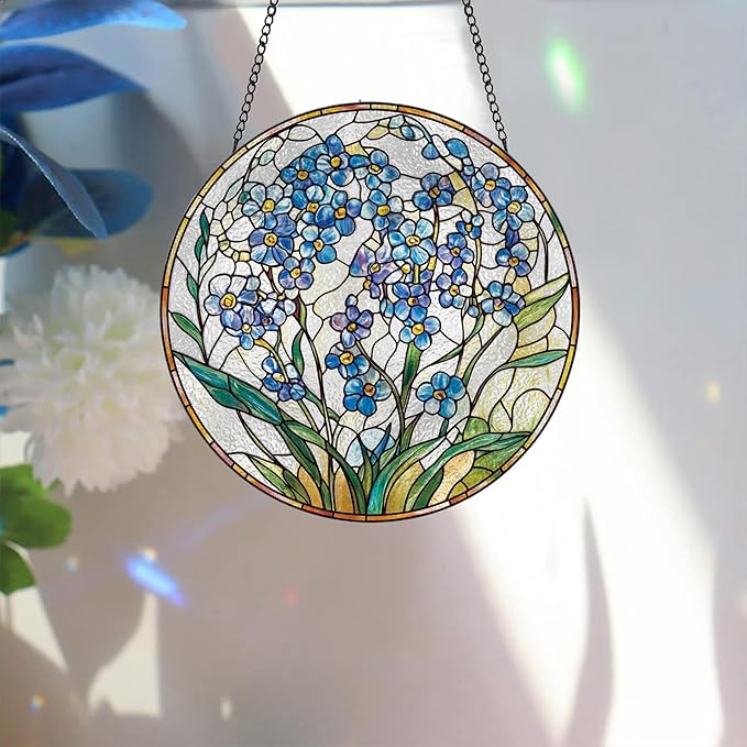 Bimkole Forget-Me-Not Stained Glass Suncatcher Window Hanging - Plants Indoor Window or Doorway Decoration - Handmade Sun Catcher Decor for Garden Home Christmas & Birthday Gifts 7.87x7.87 Inch
