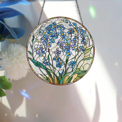 Bimkole Forget-Me-Not Stained Glass Suncatcher Window Hanging - Plants Indoor Window or Doorway Decoration - Handmade Sun Catcher Decor for Garden Home Christmas & Birthday Gifts 7.87x7.87 Inch