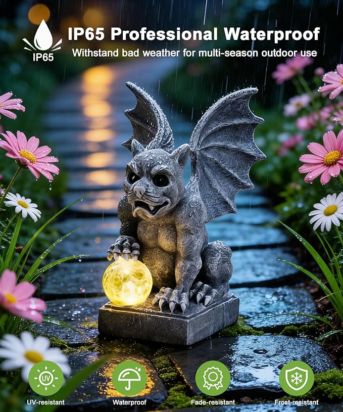 Nacome Solar Gothic Gargoyle Garden Statue: Outdoor Dragon Decor Sculpture with Ball Lights for Yard Art Porch Patio - Unique Birthday Gifts for Women Mom