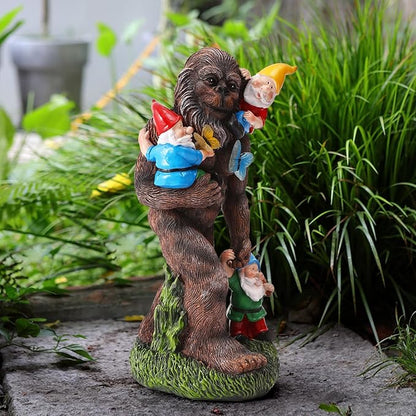 Gorilla Bigfoot Dwarf Bigfoot Sculpture Butterfly Statue with Large Garden Accessories with LED Decorative Gifts 7.5X5.9X13Inch