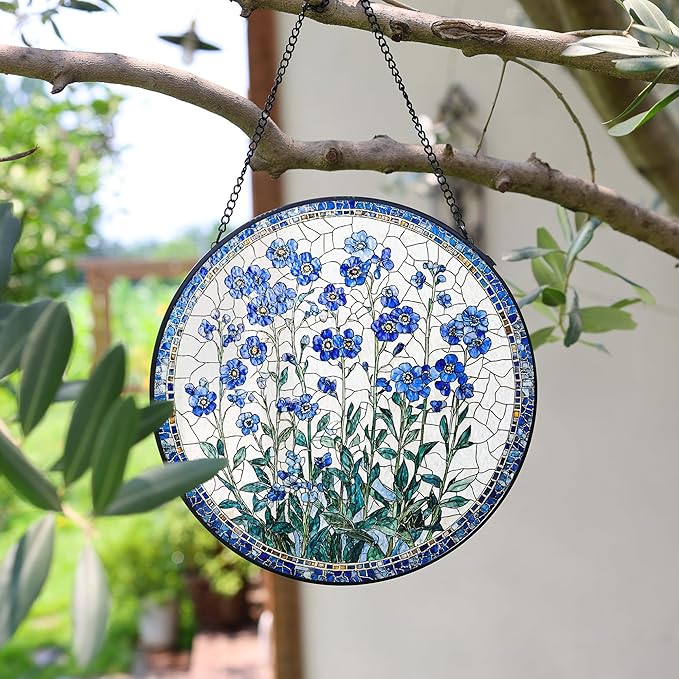 Forget-Me-Not Flower Stained Glass Suncatcher, 8 Inch Handmade Blue Floral Window Hanging Decor for Garden, Sun Catcher Home Decor