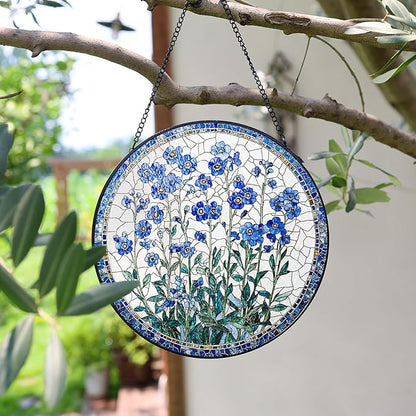 Forget-Me-Not Flower Stained Glass Suncatcher, 8 Inch Handmade Blue Floral Window Hanging Decor for Garden, Sun Catcher Home Decor