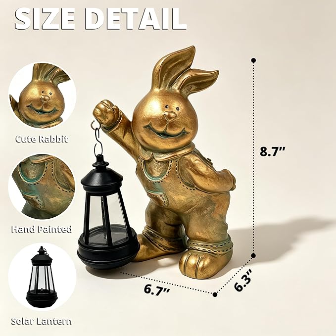 Outdoor Bunny Statue Solar Lantern for Garden Yard Lawn Patio Bronze Rabbit Figurine Decorations Housewarming for Mom Grandma Women